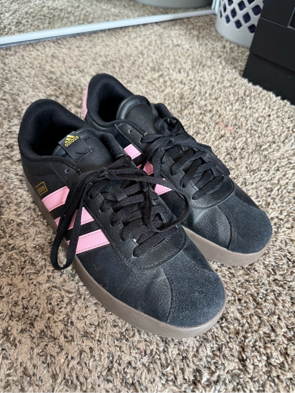 adidas UNISEX Black Suede Sneakers with Pink Three Stripes
